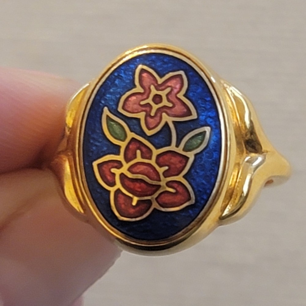 Vintage gold floral Cloisonne ring